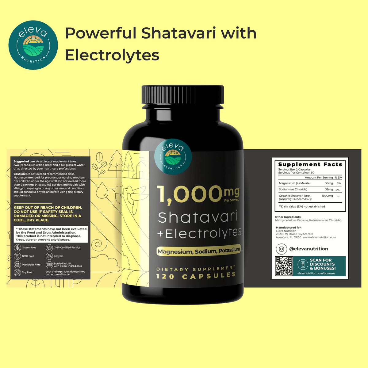 Flacon de Shatavari bio Eleva Nutrition avec capsules visibles