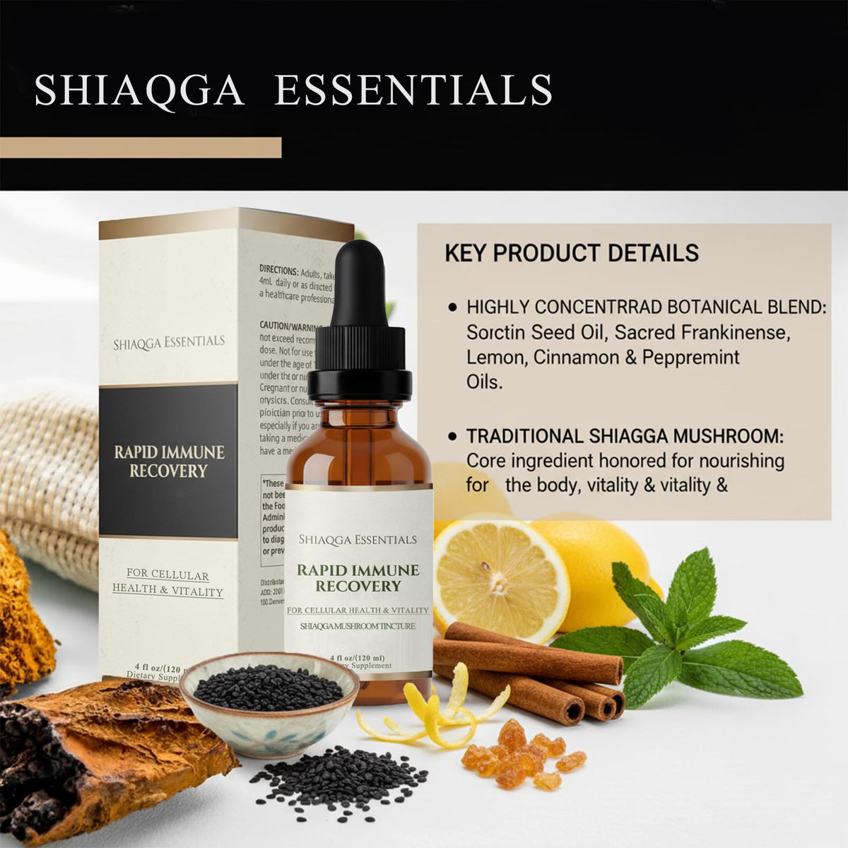 Flacon de Shiaqga Complément Alimentaire avec des plantes en arrière-plan