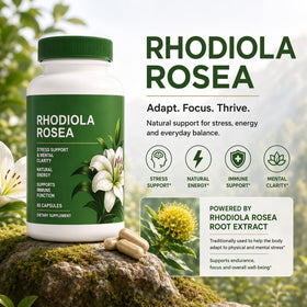 Flacon de Shileoo Rhodiola Rosea ouvert avec capsules
