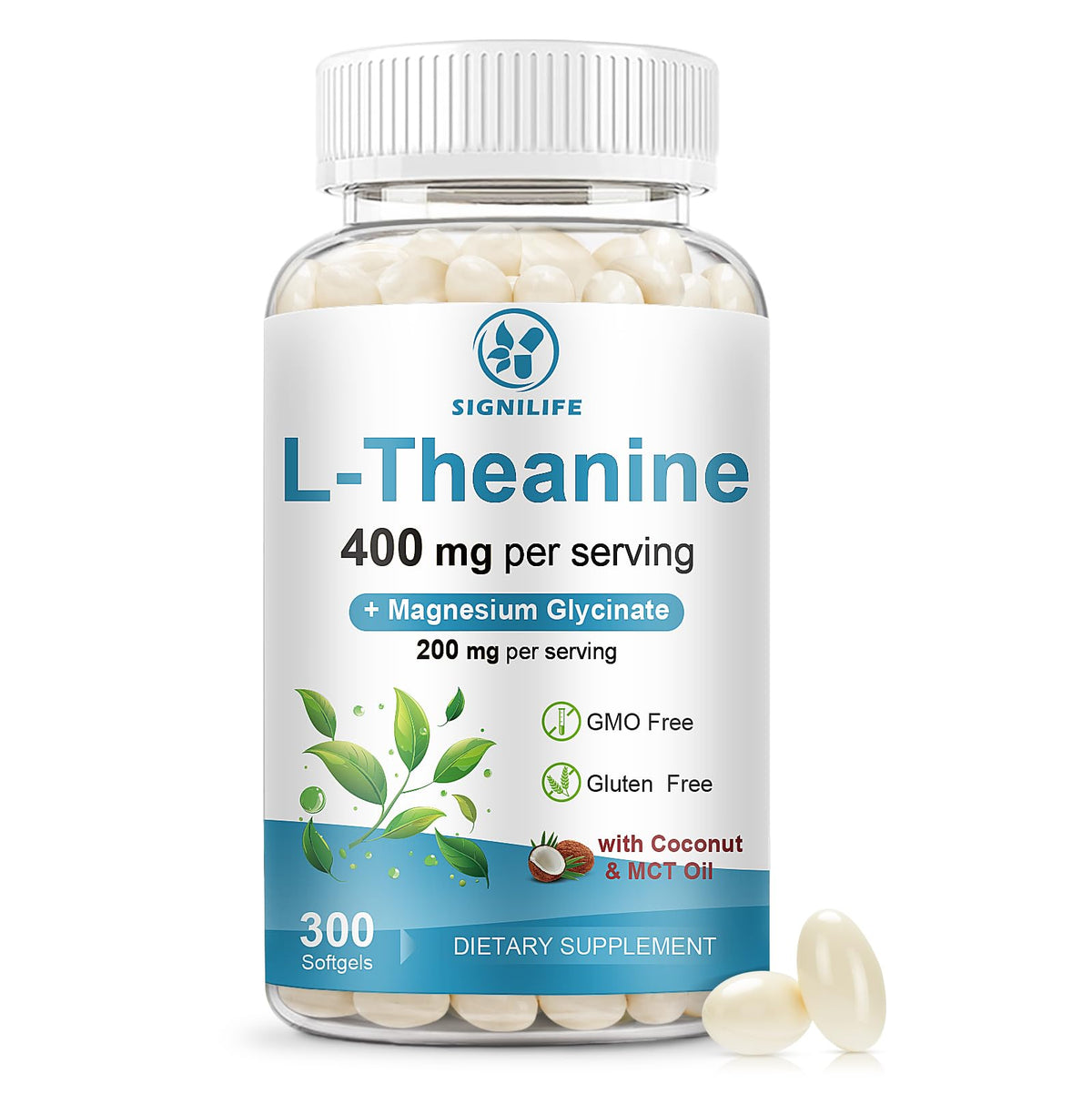 Flacon de SIGNILIFE L-Théanine 400mg avec Glycinate de Magnésium, 300 gélules, vue de face