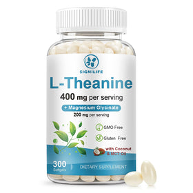 Flacon de SIGNILIFE L-Théanine 400mg avec Glycinate de Magnésium, 300 gélules, vue de face