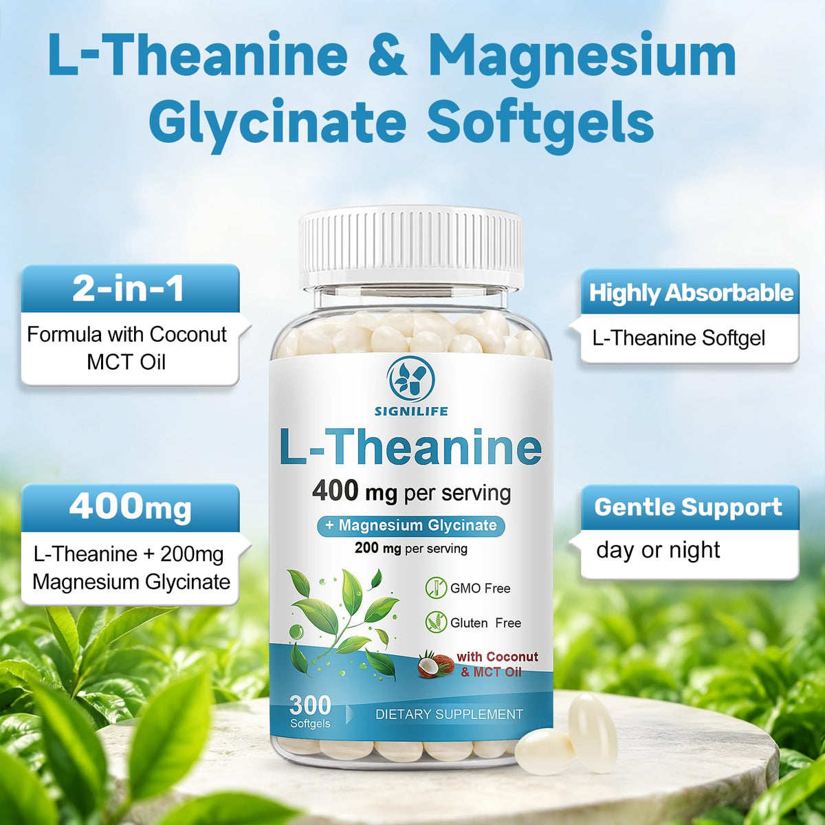 Flacon de SIGNILIFE L-Théanine 400mg avec Glycinate de Magnésium, vue latérale