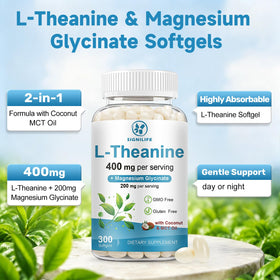 Flacon de SIGNILIFE L-Théanine 400mg avec Glycinate de Magnésium, vue latérale