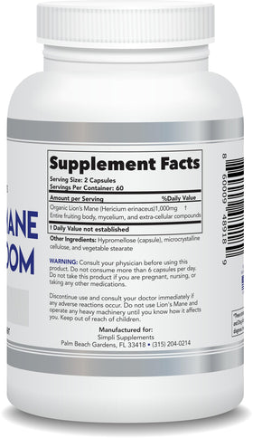 Flacon de Simpli Supplements avec capsules de champignon lion ouvert