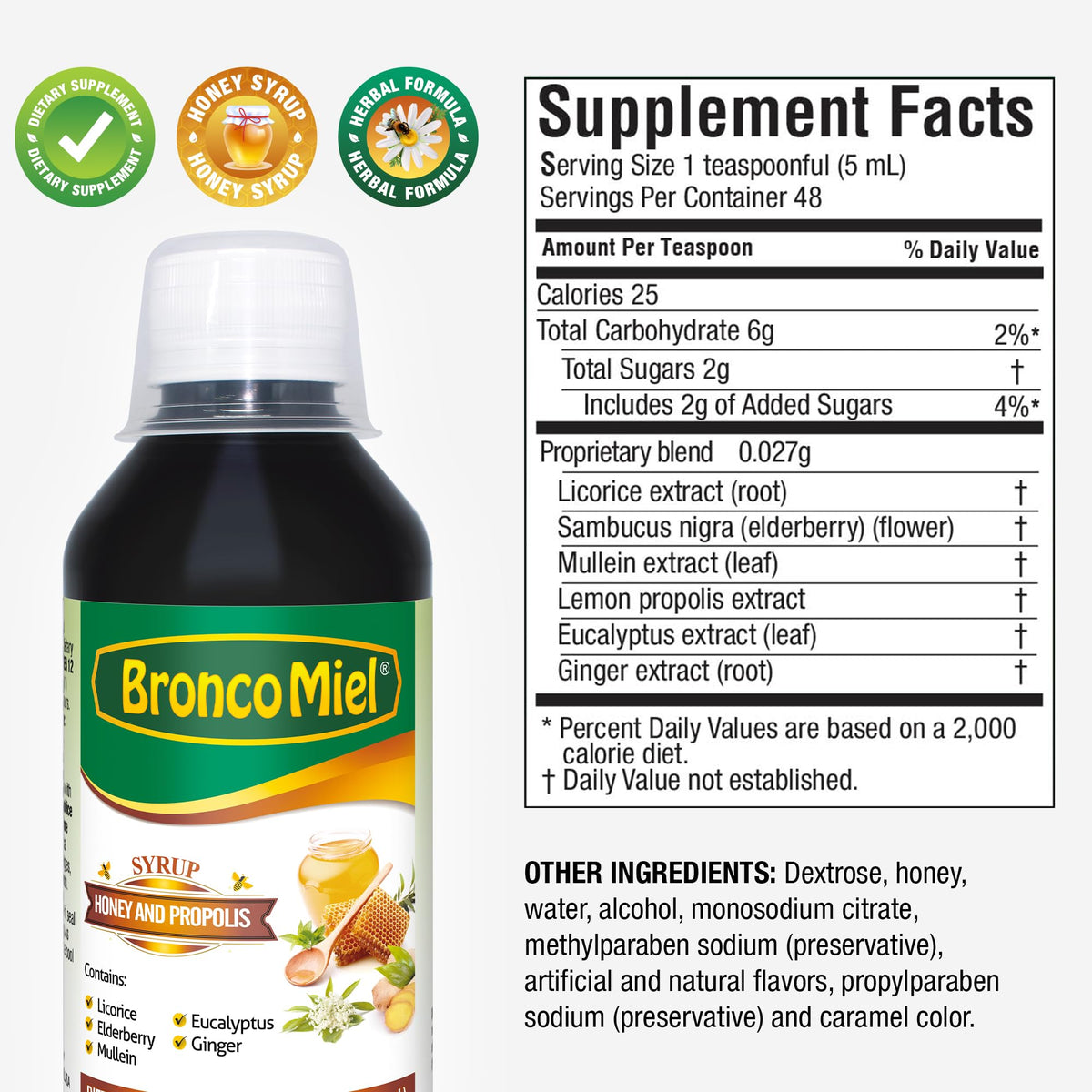 Flacon de sirop BroncoMiel avec ingrédients naturels en arrière-plan