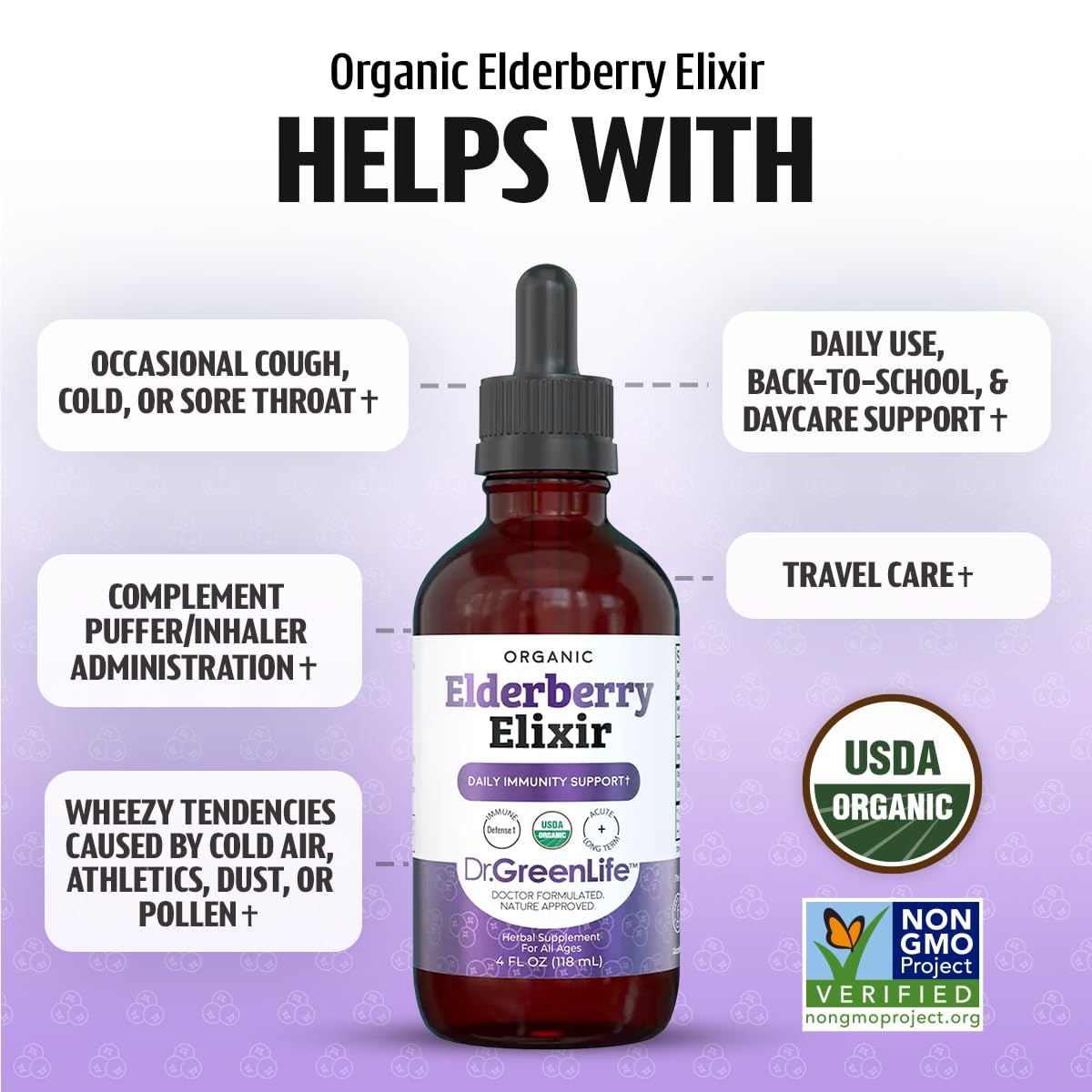Flacon de sirop de sureau bio Dr. Green Mom avec étiquette