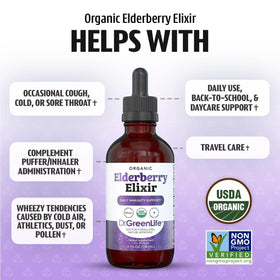 Flacon de sirop de sureau bio Dr. Green Mom avec étiquette
