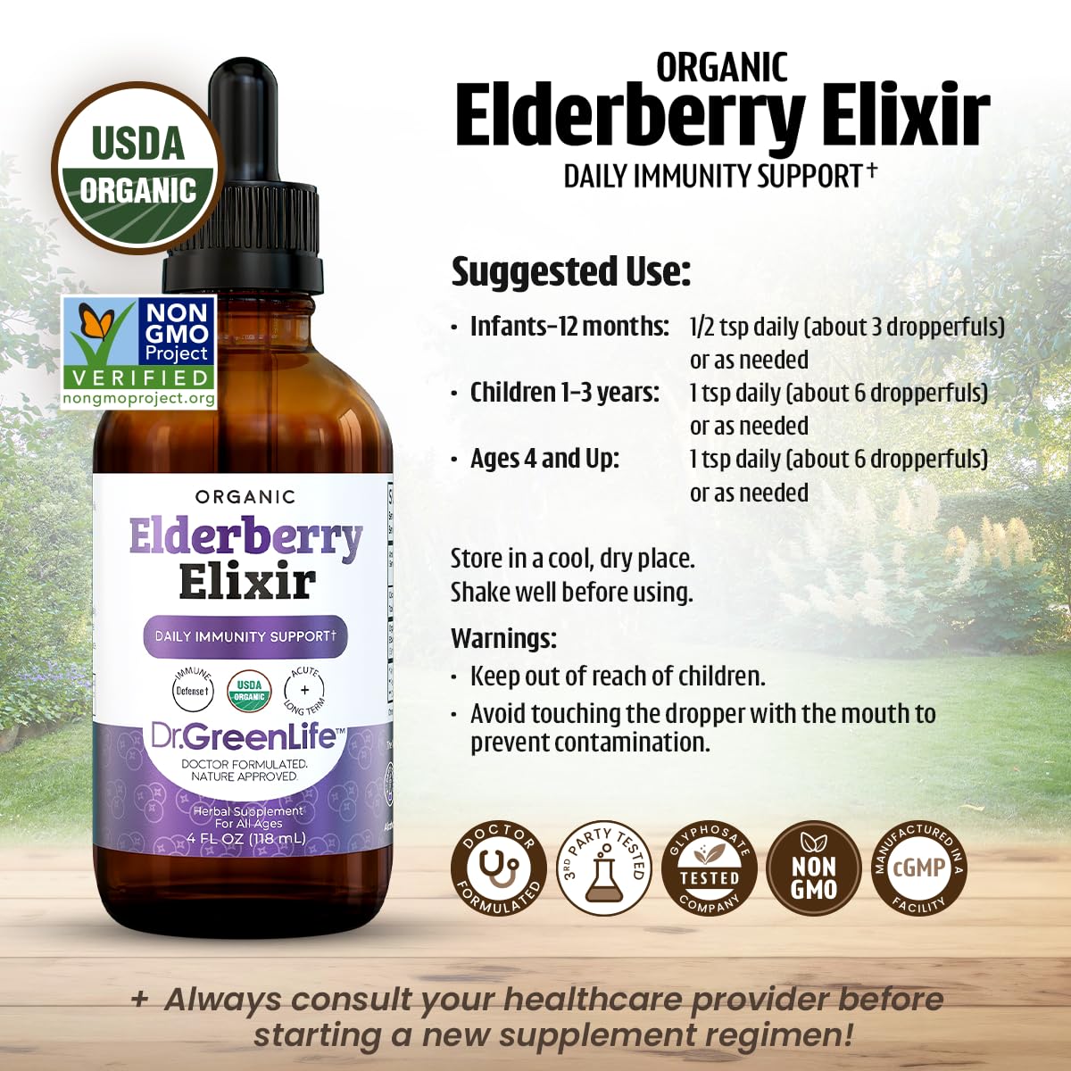 Flacon de sirop de sureau bio Dr. Green Mom sur une table
