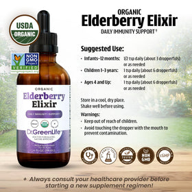 Flacon de sirop de sureau bio Dr. Green Mom sur une table