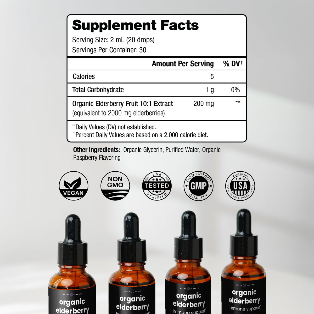 Flacon de sirop de sureau noir NutraChamps 2000mg, étiquette détaillée