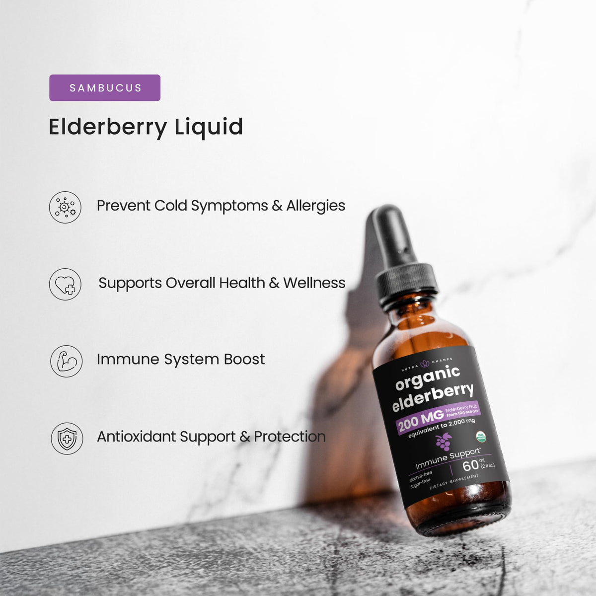 Flacon de sirop de sureau noir NutraChamps avec fruits de sureau