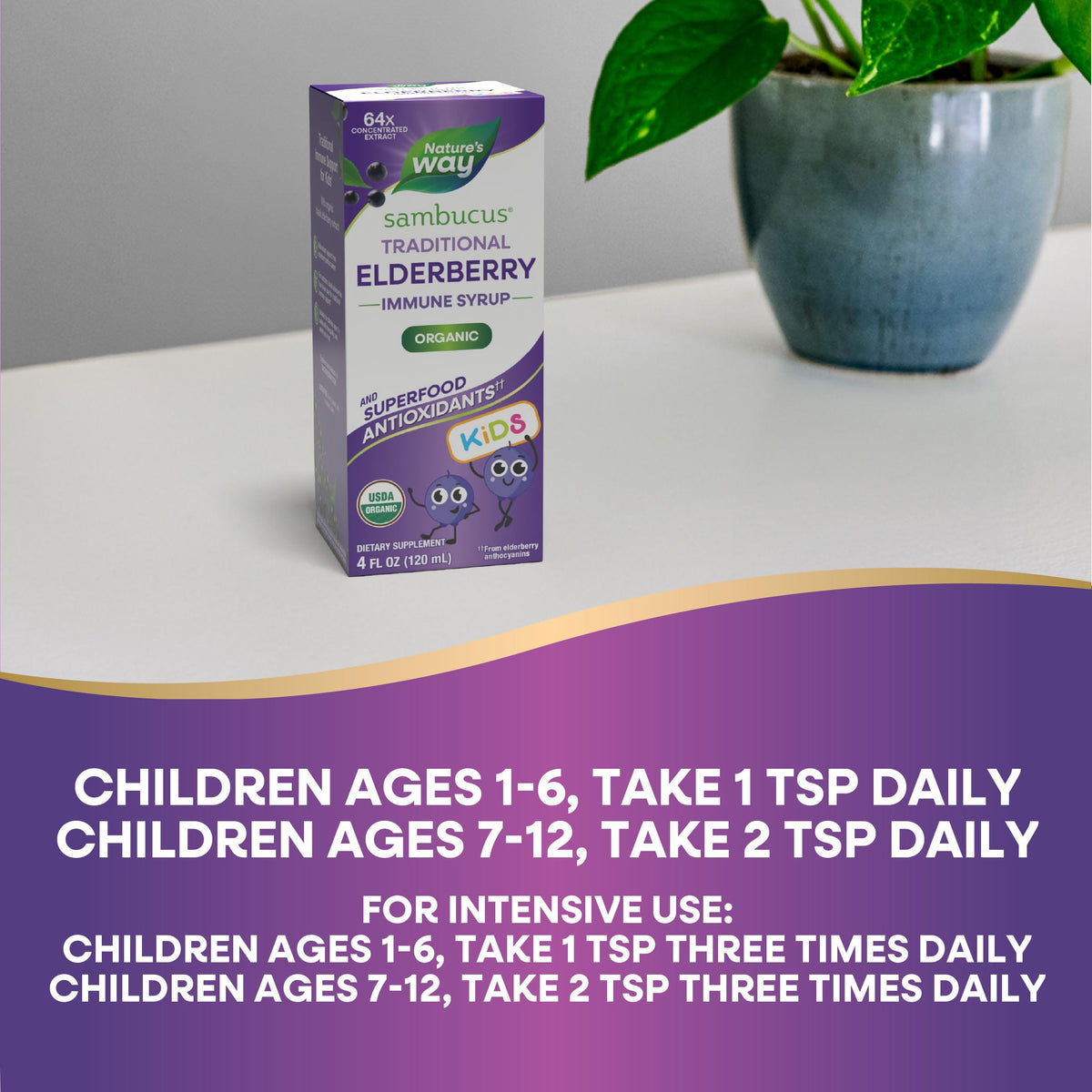 Flacon de Sirop de Sureau Traditionnel pour Enfants Nature's Way avec arrière-plan naturel