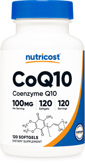 Flacon de Softgels CoQ10 Nutricost 100mg avec 120 gélules
