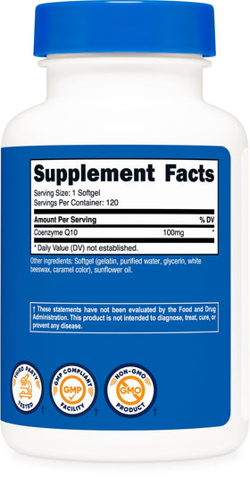 Flacon de Softgels CoQ10 Nutricost avec étiquette visible