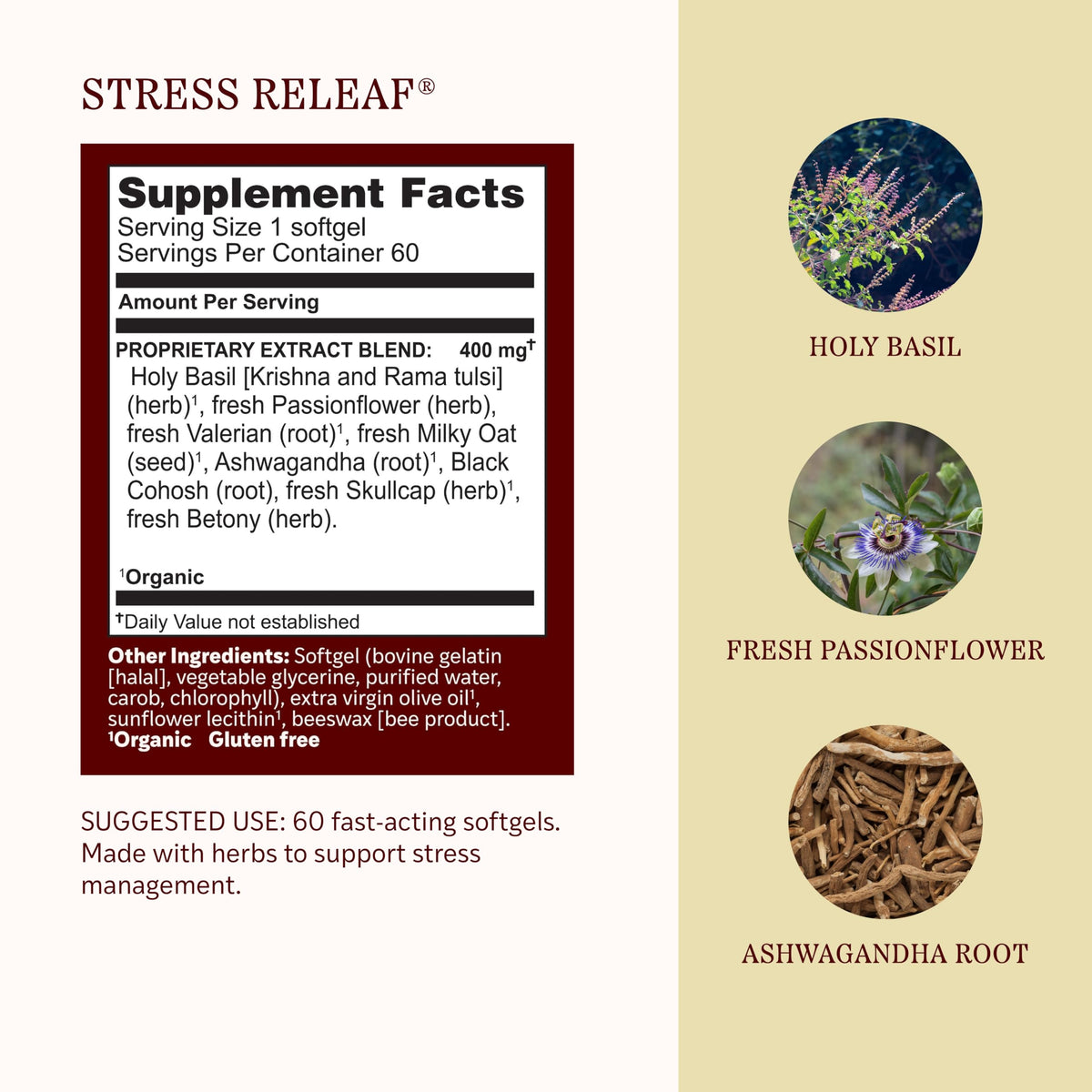 Flacon de Softgels Stress ReLeaf de Herbs Etc. avec étiquette