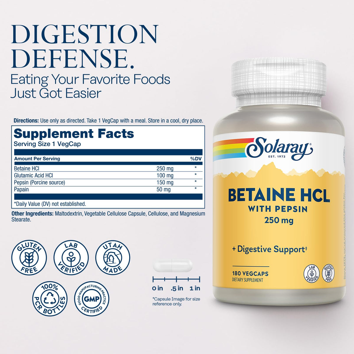 Flacon de SOLARAY Betaine HCl avec Pepsine 250 mg 180 VegCaps