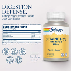 Flacon de SOLARAY Betaine HCl avec Pepsine 250 mg 180 VegCaps