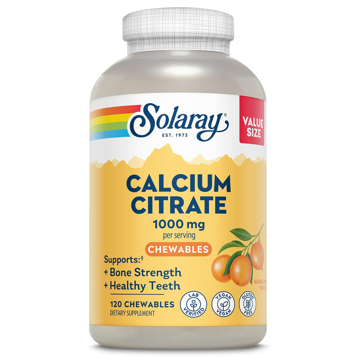 Flacon de SOLARAY Calcium Citrate 1000mg vue de face avec étiquette orange