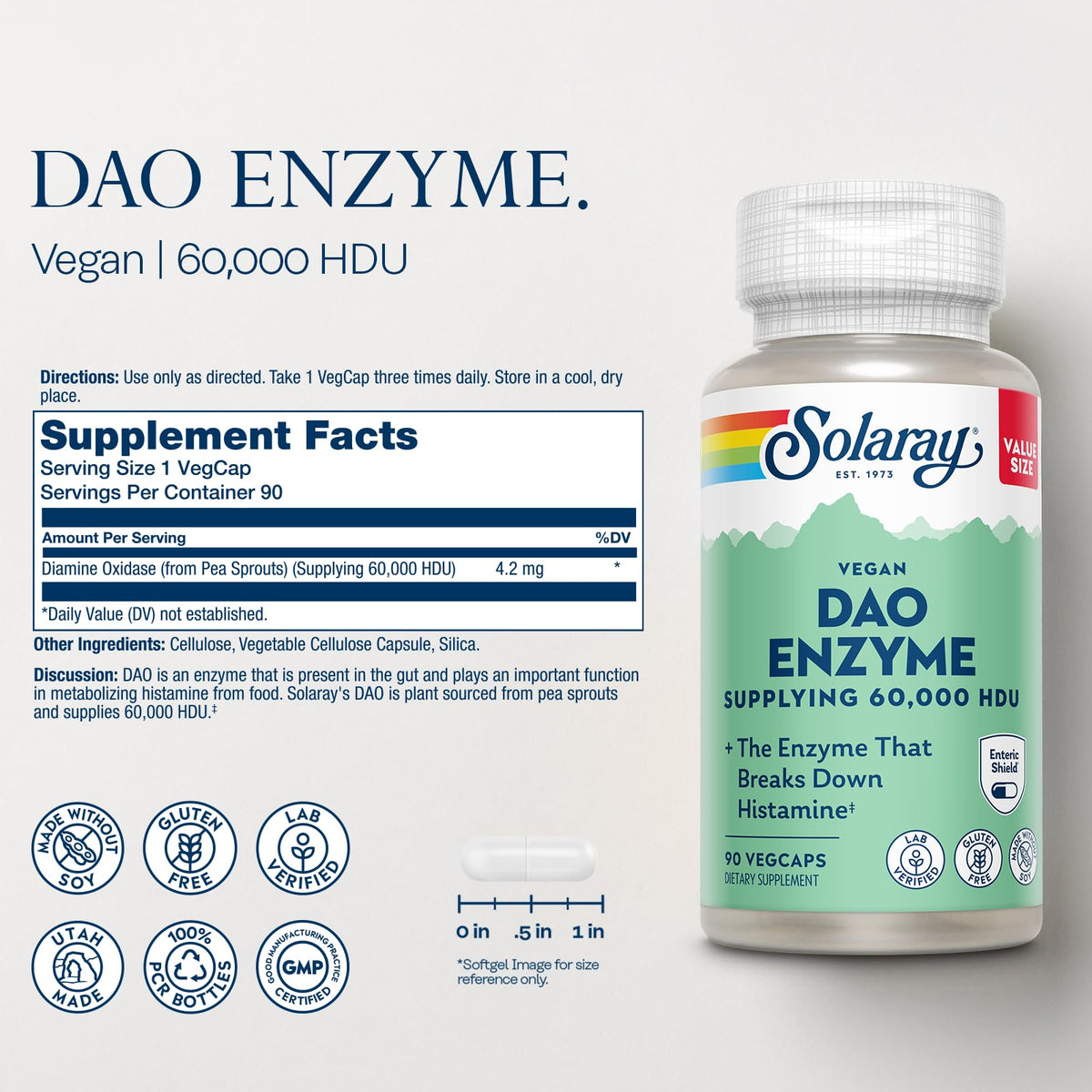 Flacon de SOLARAY DAO Enzyme 60 000 HDU avec étiquette