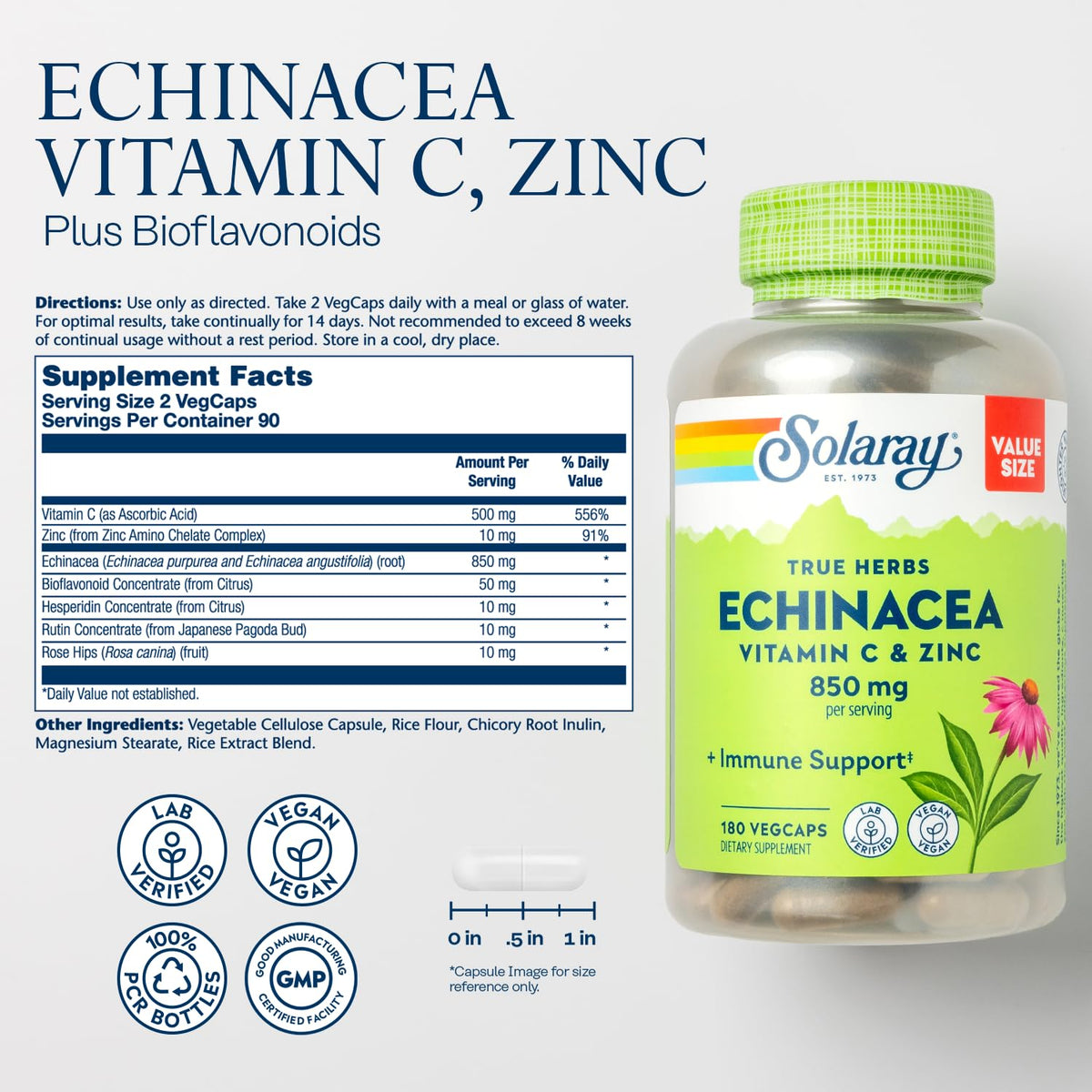 Flacon de SOLARAY Echinacea 180 VegCaps avec étiquette
