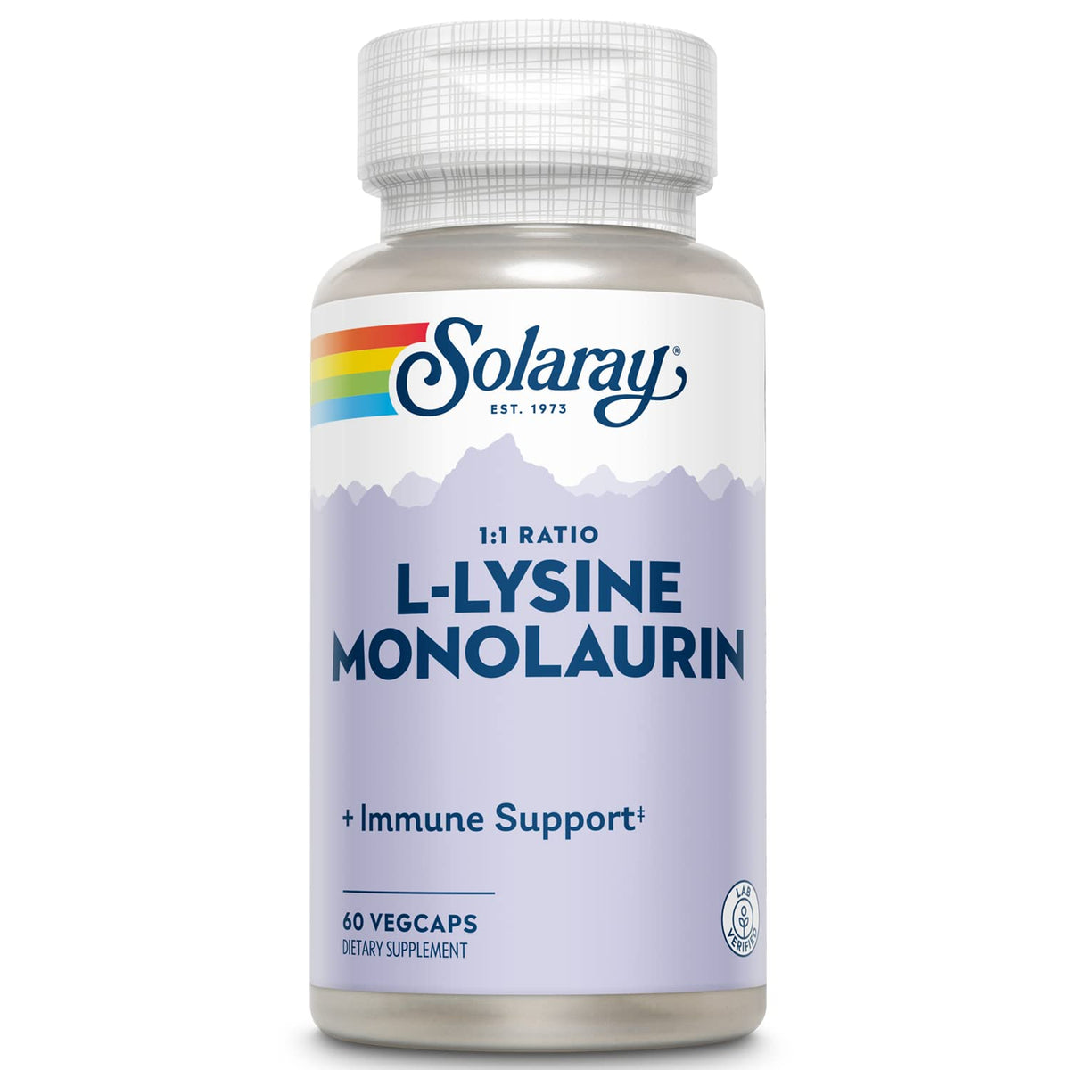 Flacon de SOLARAY L-Lysine Monolaurin 60 VegCaps vue de face