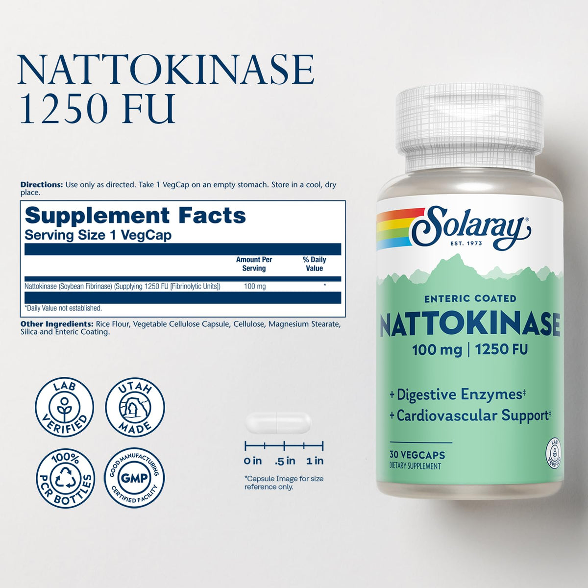 Flacon de SOLARAY Nattokinase 1250 FU avec étiquette visible