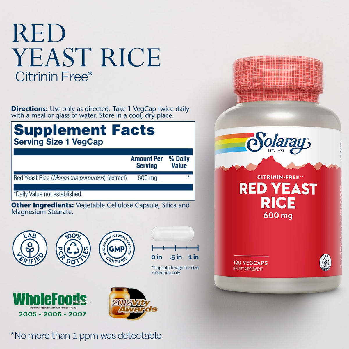 Flacon de SOLARAY Riz Rouge 600mg avec étiquette