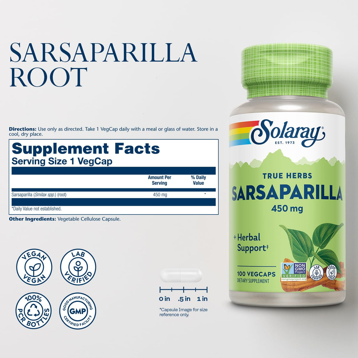 Flacon de SOLARAY Sarsaparilla Root 100 capsules végétales