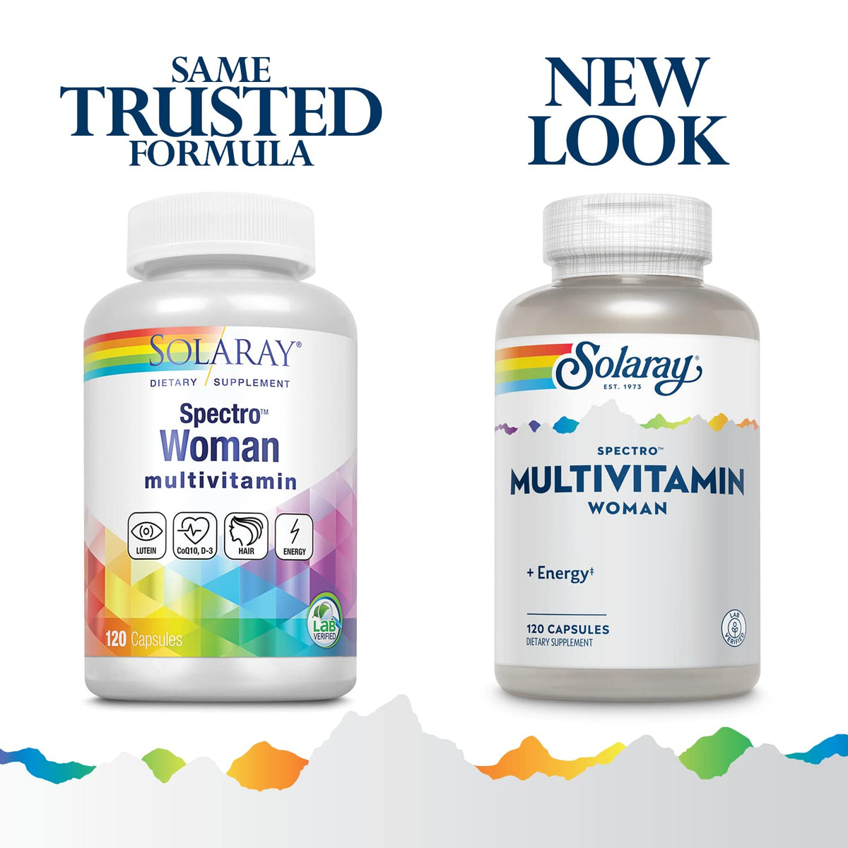 Flacon de SOLARAY Spectro Energy Multivitamin Femme, étiquette et dosage