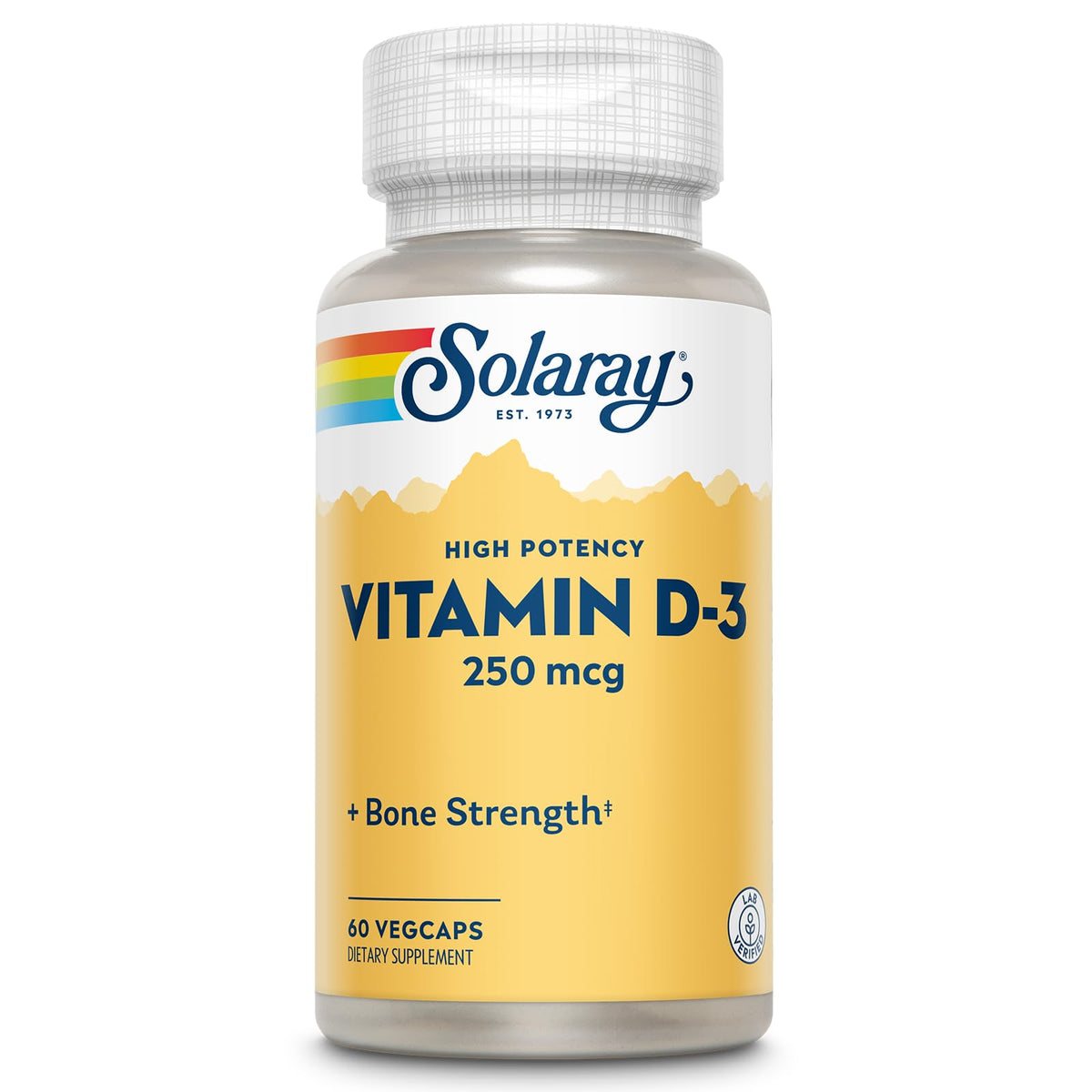 Flacon de SOLARAY Vitamine D3 10000UI 250mcg avec 60 capsules végétales