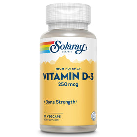 Flacon de SOLARAY Vitamine D3 10000UI 250mcg avec 60 capsules végétales