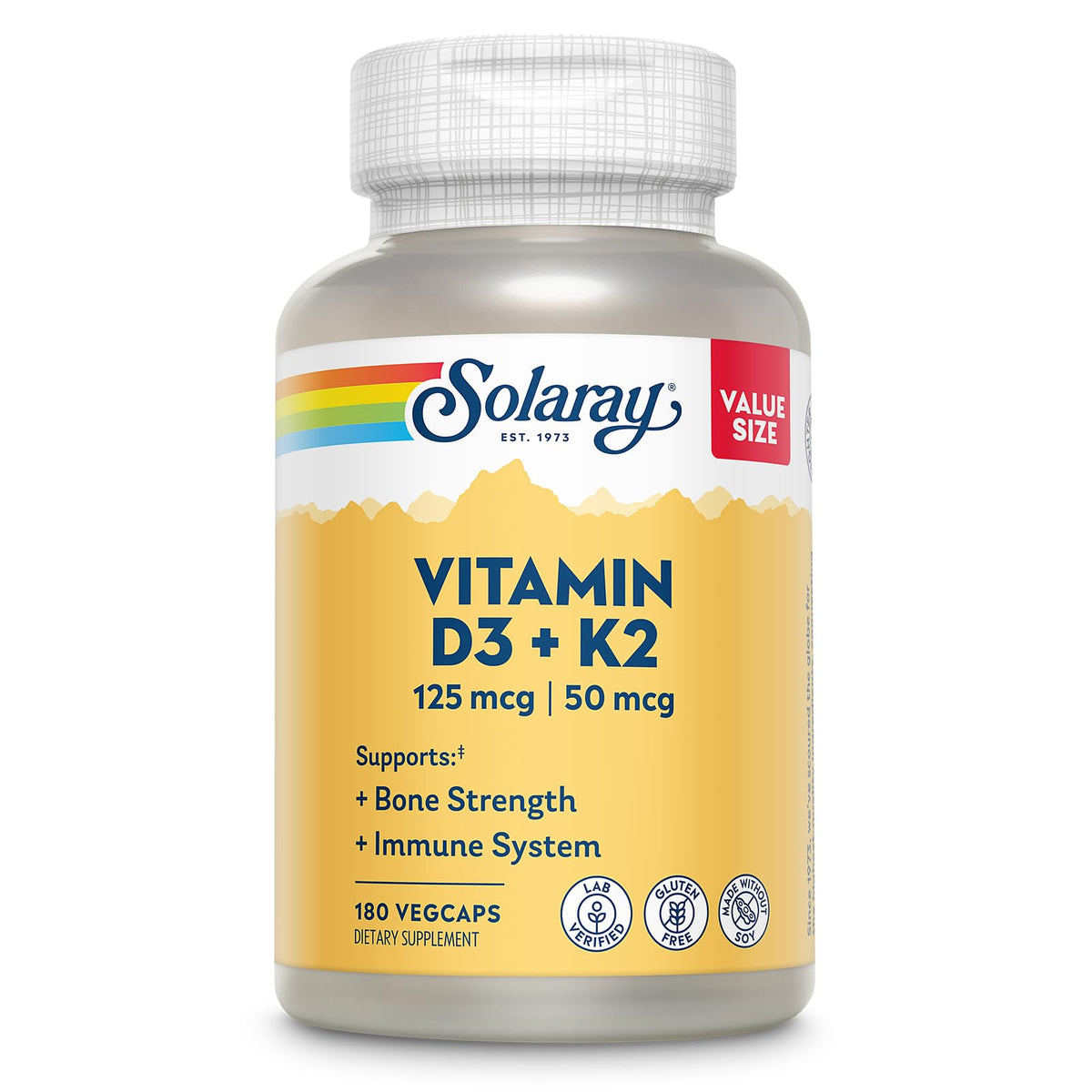 Flacon de SOLARAY Vitamine D3 K2 180 VegCaps vue de face