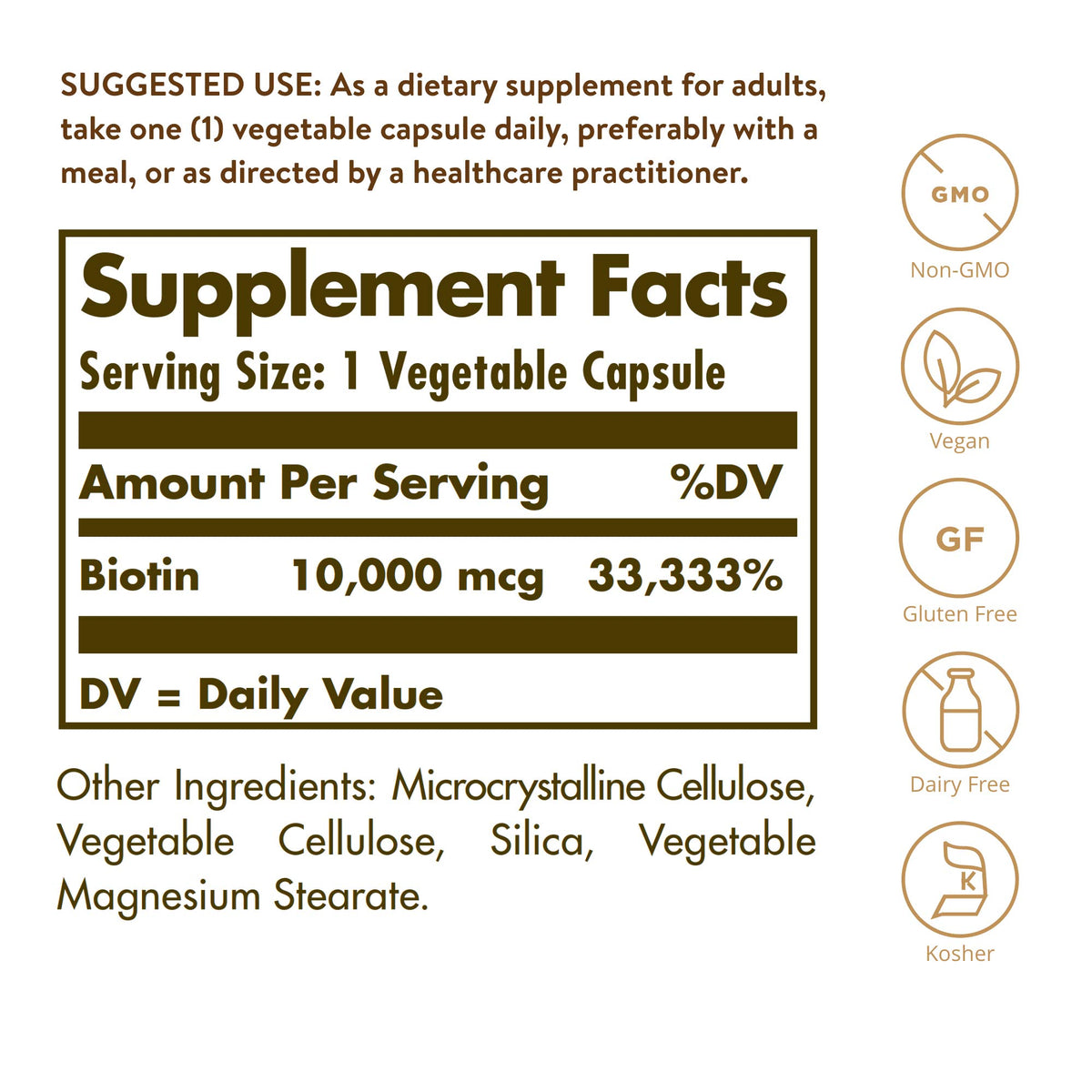 Flacon de Solgar Biotine 10 000 mcg avec étiquette