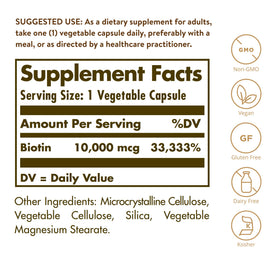 Flacon de Solgar Biotine 10 000 mcg avec étiquette