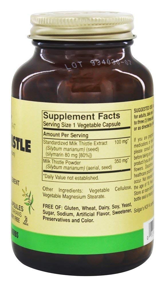 Flacon de Solgar Chardon-Marie 100 Capsules Végétales avec étiquette