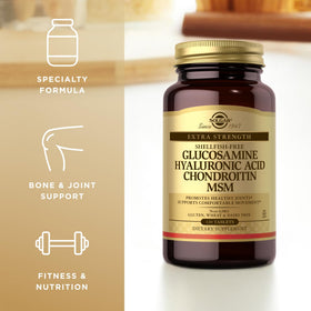 Flacon de Solgar Glucosamine ouvert avec comprimés à l'intérieur