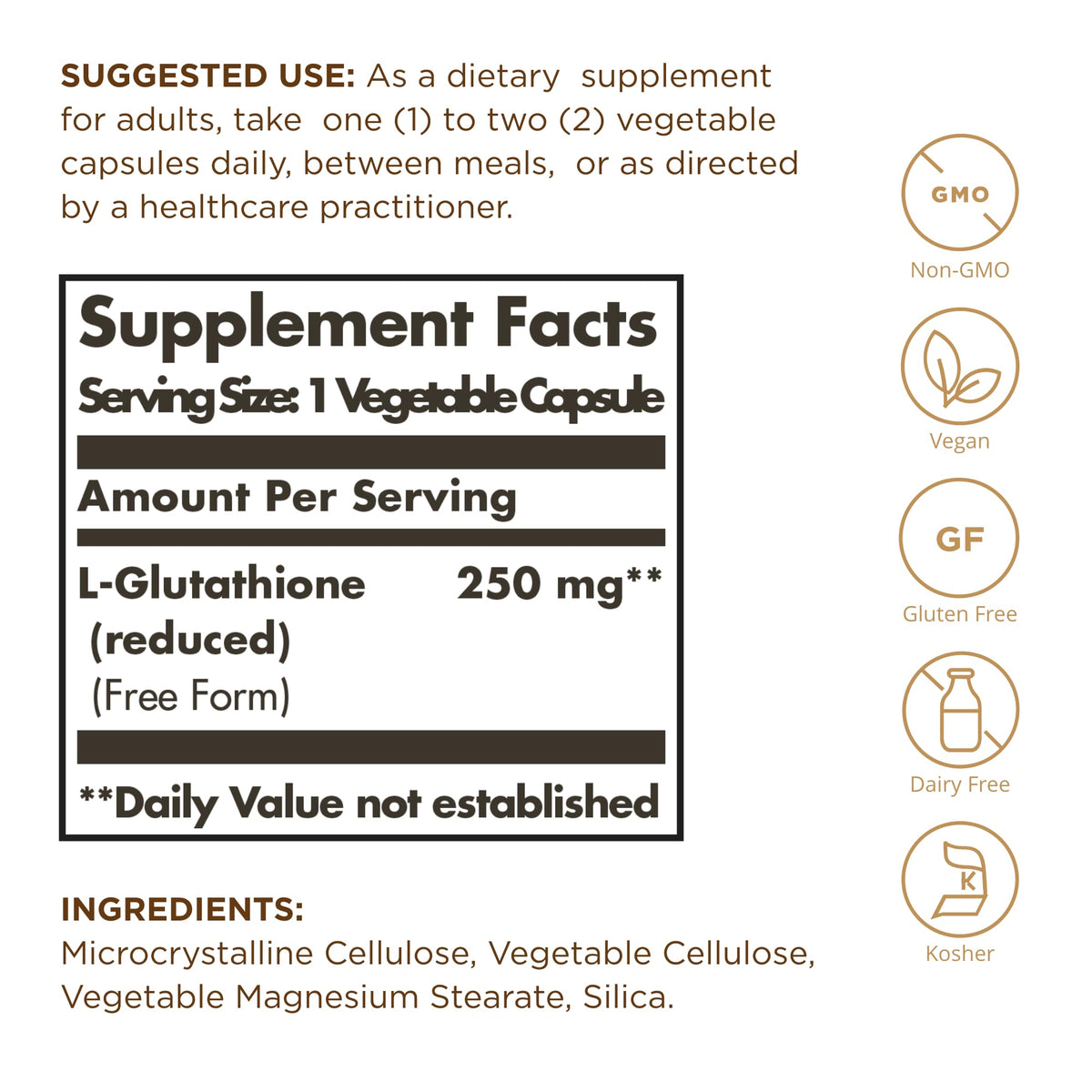 Flacon de Solgar L-Glutathione 250 mg avec étiquette détaillée