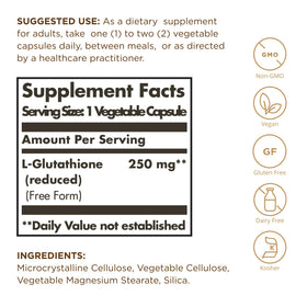 Flacon de Solgar L-Glutathione 250 mg avec étiquette détaillée