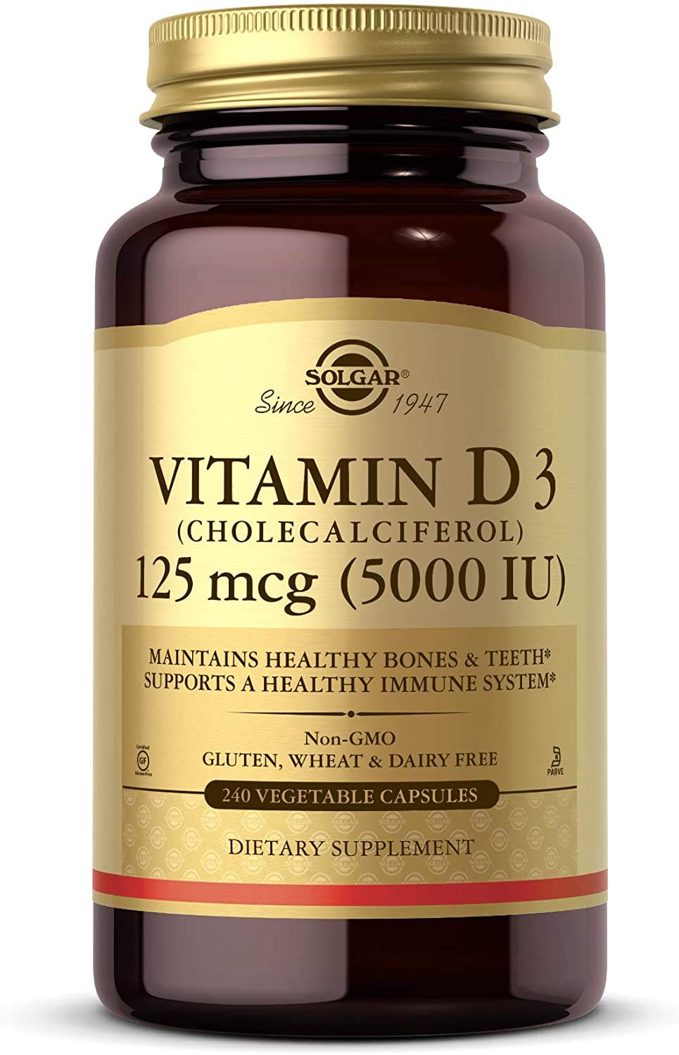 Flacon de Solgar Vitamine D3 125 MCG 240 capsules végétales