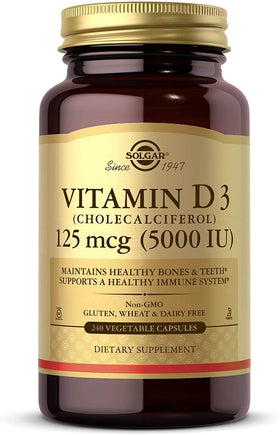 Flacon de Solgar Vitamine D3 125 MCG 240 capsules végétales