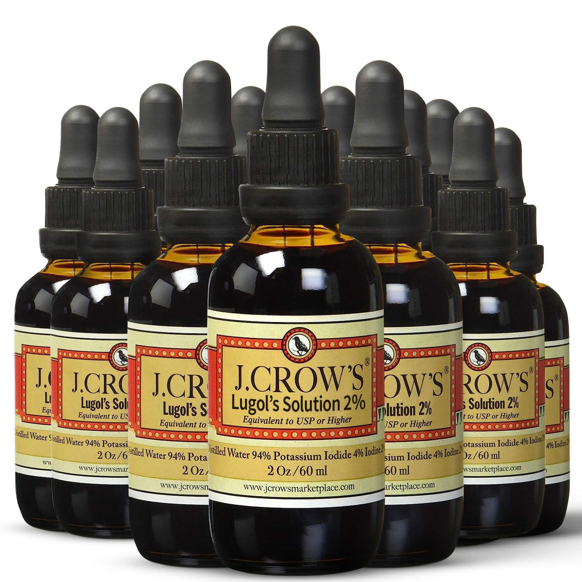 Flacon de solution d'iode J. CROW'S 2 oz vue de face