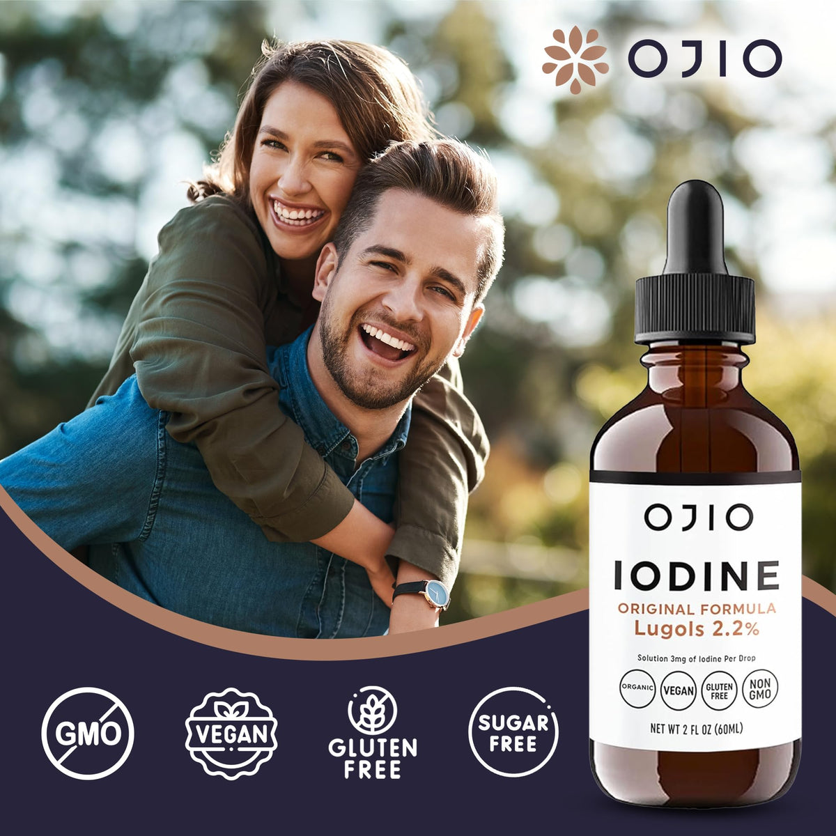 Flacon de solution d'iode Lugol d'Ojio sur une table