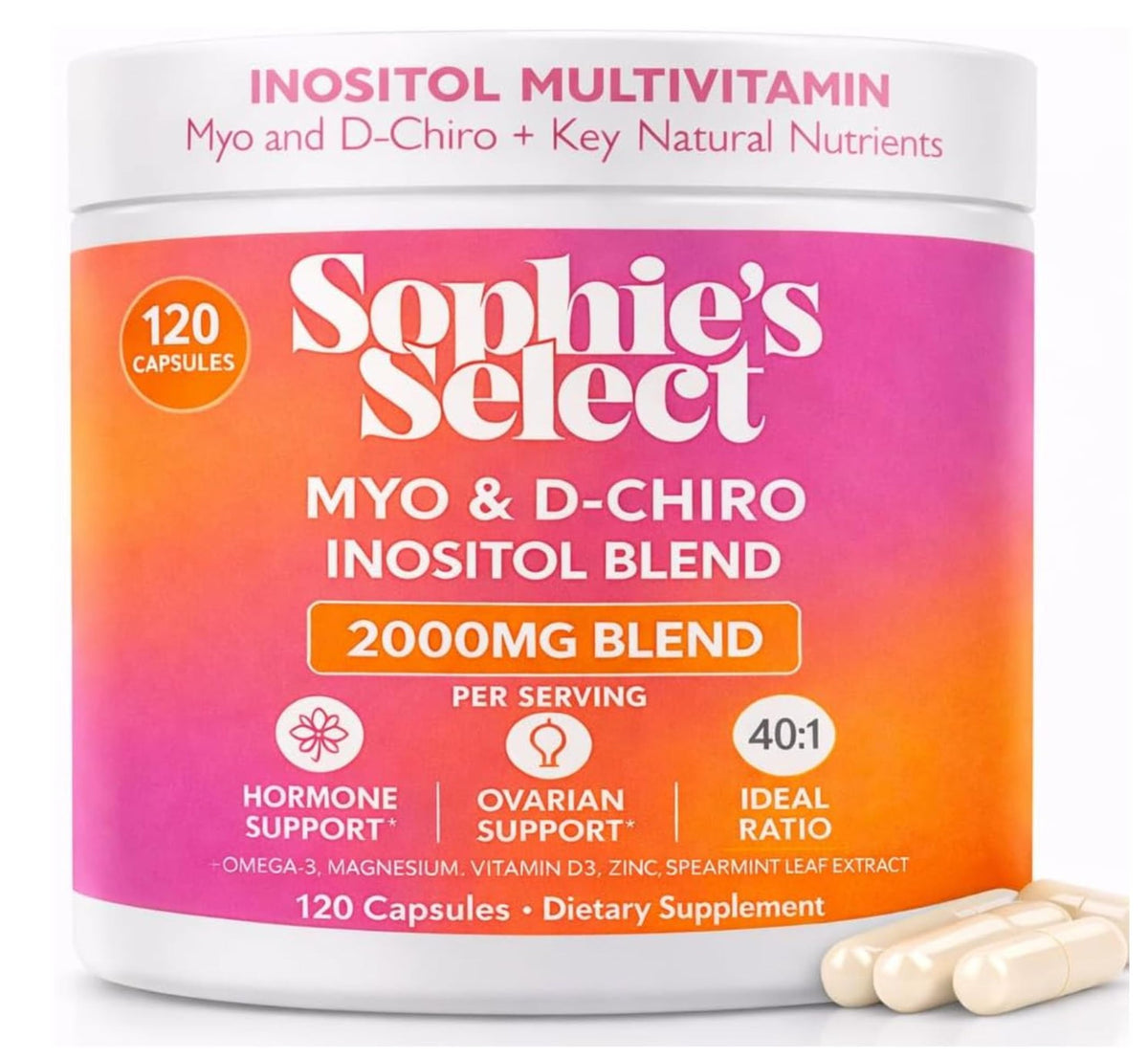 Flacon de Sophie's Select Inositol 2000 mg 120 capsules vue de face