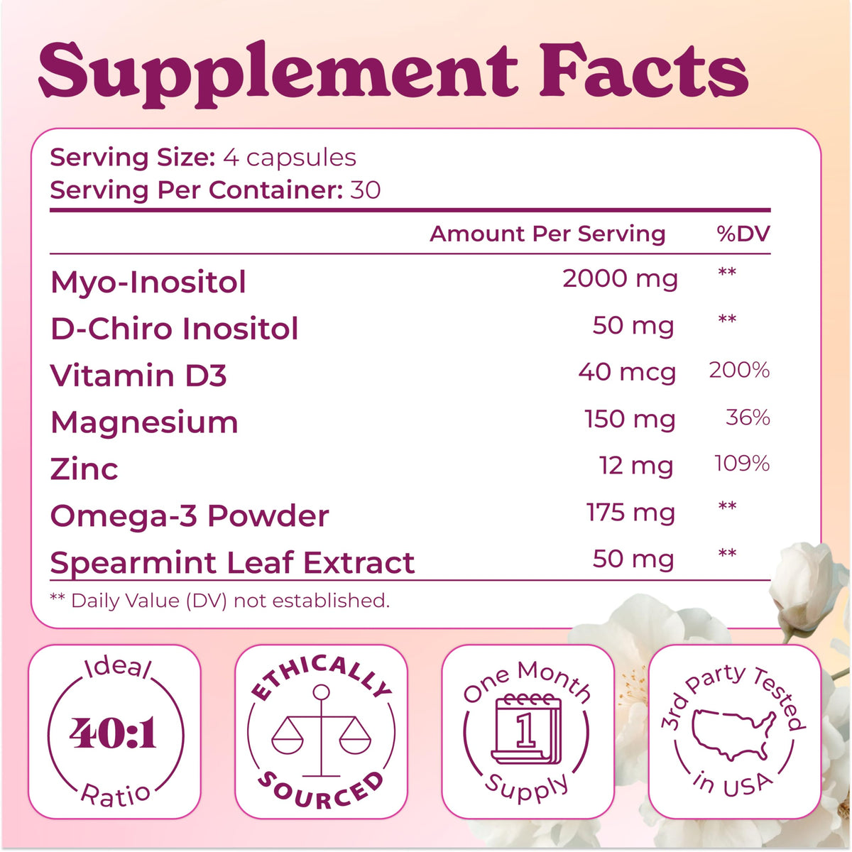 Flacon de Sophie's Select Inositol ouvert avec capsules visibles