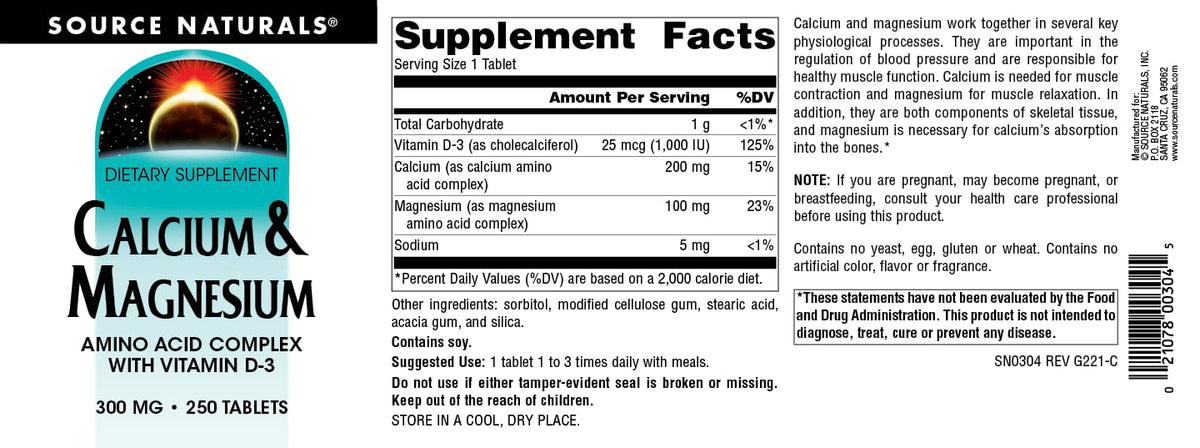 Flacon de Source Naturals Calcium et Magnésium avec dosette