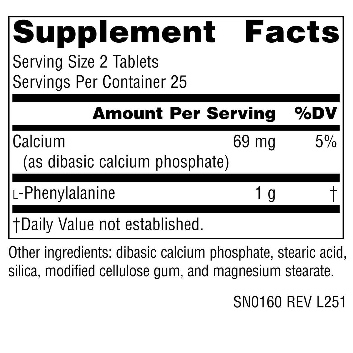 Flacon de Source Naturals L-Phénylalanine 500 mg, étiquette vue de près