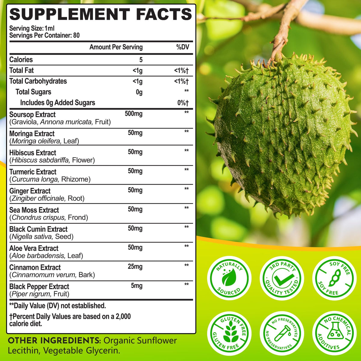 Flacon de Soursop Bitters Liquide 880MG avec des gouttes sur une table
