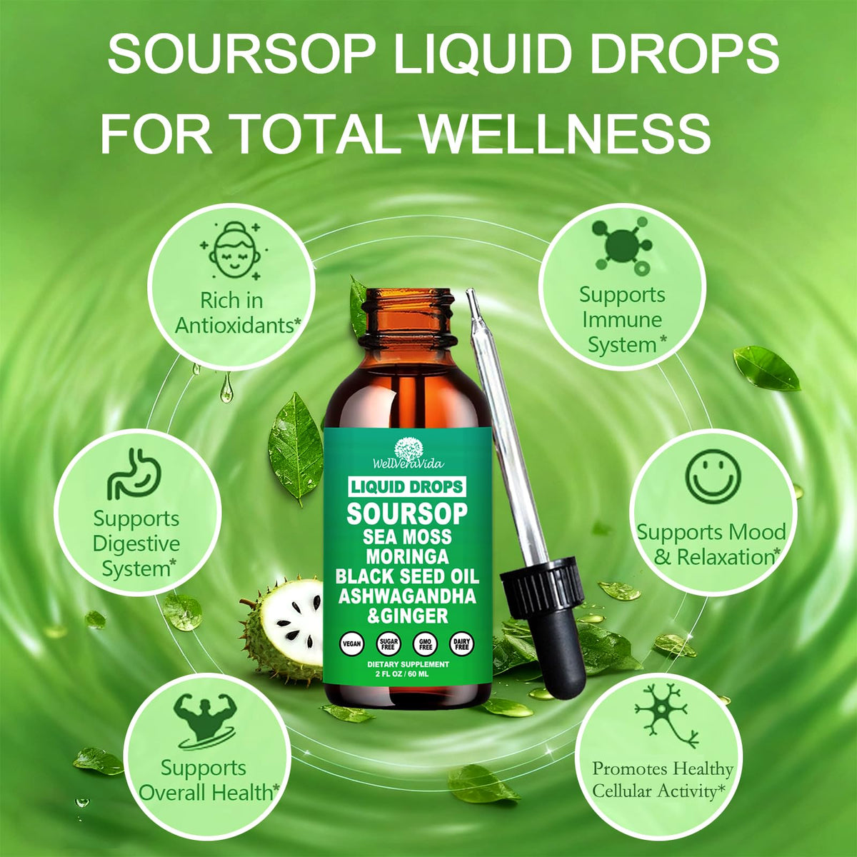 Flacon de Soursop Bitters Liquide WellVeraVida avec gouttes sur une cuillère