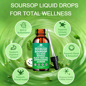 Flacon de Soursop Bitters Liquide WellVeraVida avec gouttes sur une cuillère