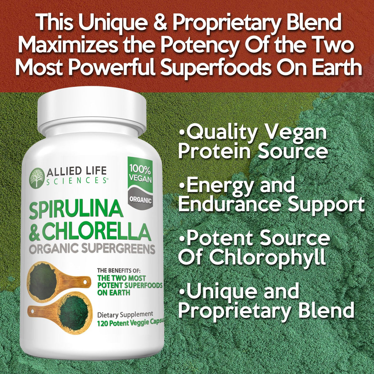 Flacon de Spiruline et Chlorelle d'Allied Life avec étiquette